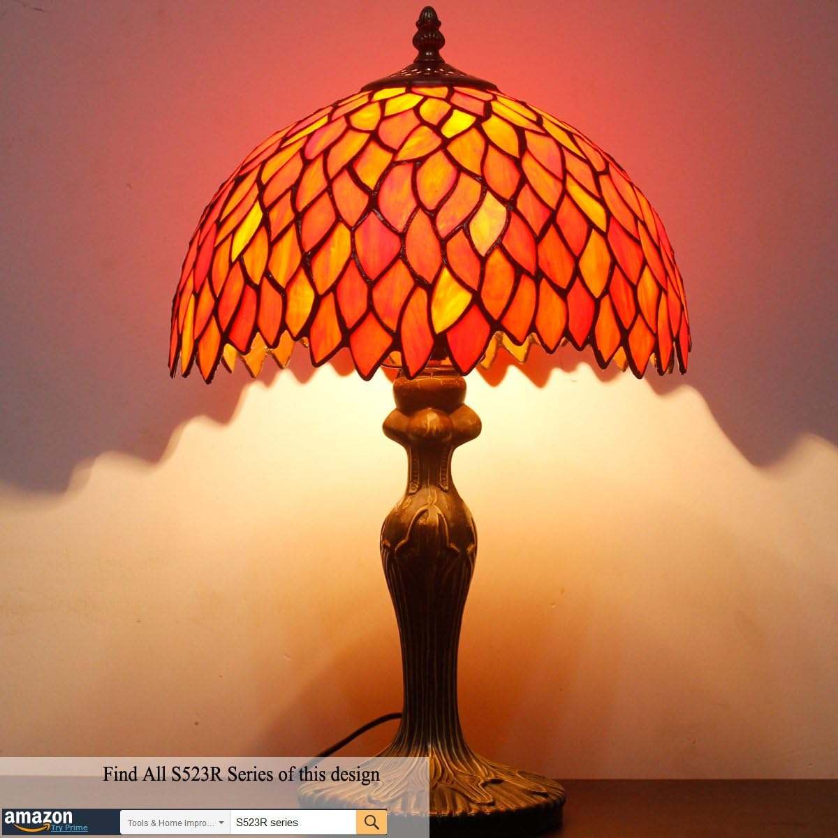 WERFACTORY Tiffany Lamp Stained Glass Table Lamp Red Wisteria Style Desk Bedside Reading Light 12X12X18 Inches Deco Bedroom Living Room Home Office S523R Series (A)