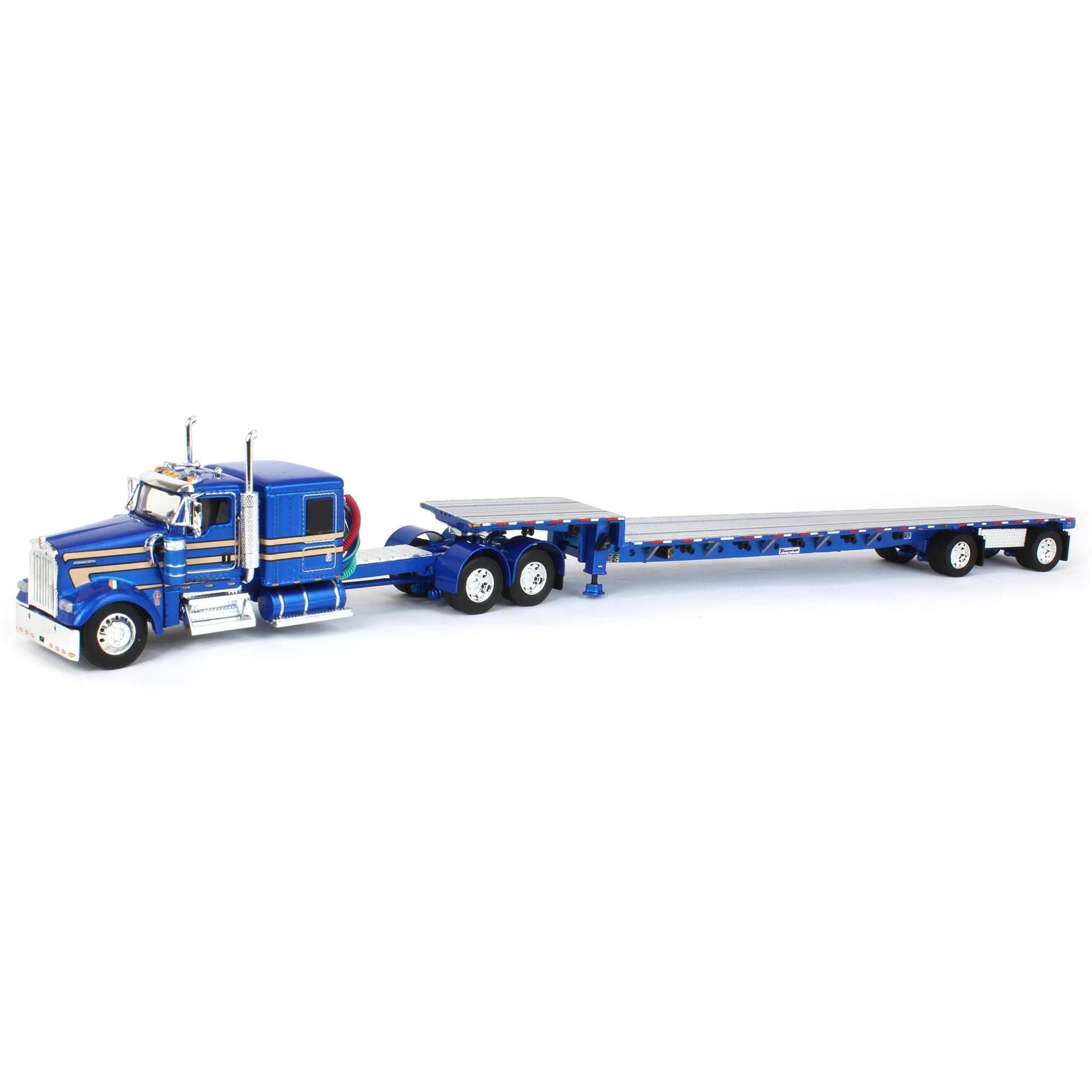 First Gear DCP 1/64 Blue Kenworth W900L Flattop w/ 310in Frame & Transcraft Step Deck Trailer 60-1810 - Curated Treasures Market