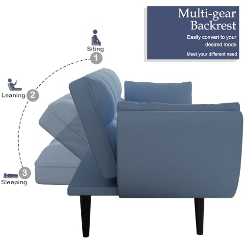 74" Modern Velvet Convertible Sleeper Folding Futon Couch Sofa Bed Adjustable Backrest Memory Foam Couch Double Loveseat Sofa for Compact Living Space,Dorm,Game Studio, Apartment, Bedroom (Black)