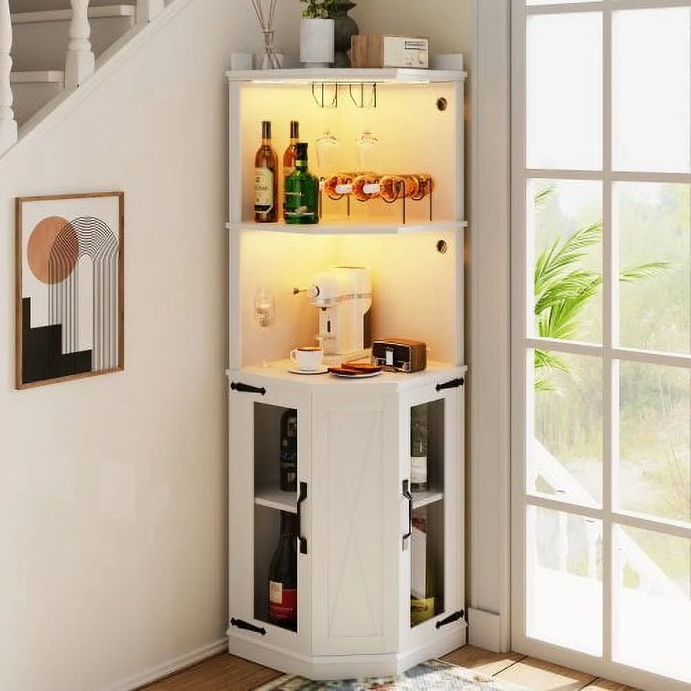 67.7" Corner Bar Cabinet with Power Outlet, Farmhouse Wine Bar Cabinet with Adjustable Shelves for Home,with Lights & Glass Rack for Dining Room, Living Room, Kitchen - Curated Treasures Market