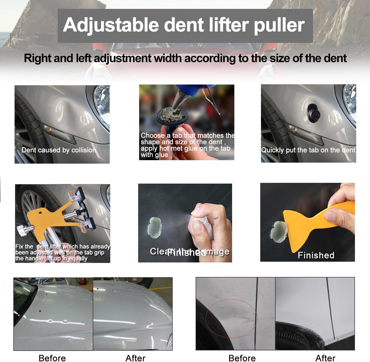 Gliston Auto Dent Puller Kit - Adjustable Golden Dent Remover Tools Paintless Dent Repair Kit Dent Lifter Puller for Car Large & Small Ding Hail Dent Removal
