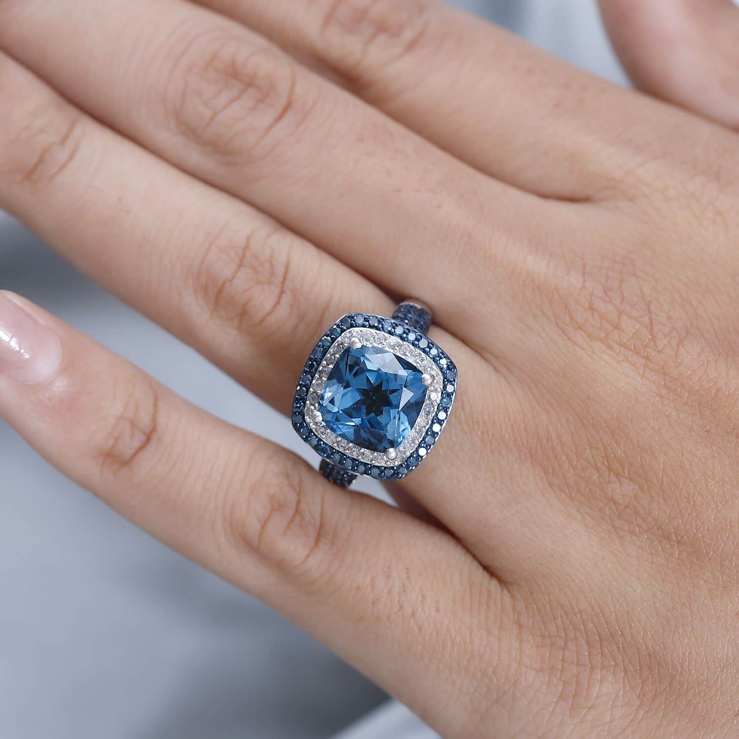 Shop LC Blue Topaz Blue Diamond Cushion 925 Sterling Silver Platinum Plated Cocktail Ring for Women Jewelry Size 9 Ct 4.92 Birthday Gifts for Women