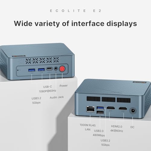 E2 Mini PC, Desktop Computers Ryzen 5 3550H, 16GB RAM 512GB NVMe SSD, Triple Display PC, USB-C & Dual HDMI Ports, Gigabit Ethernet, for Office, Business, School Work
