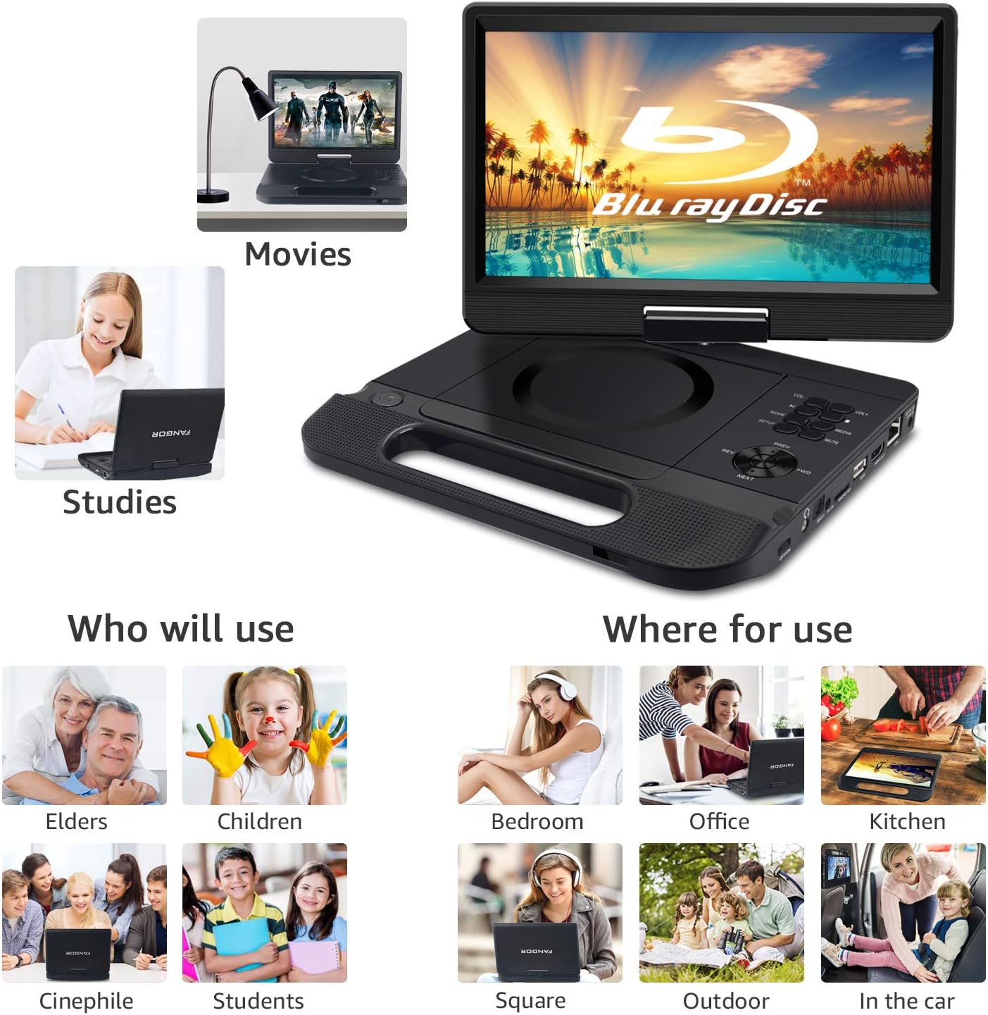 FANGOR 12.5 1080P Portable Blu-Ray Player with 10.5 HD Swivel Screen, HDMI Out & AV in, Multi Media Player, 5 Hours Rechargeable Battery, Supports USB/SD Card, Last Memory, Region Free