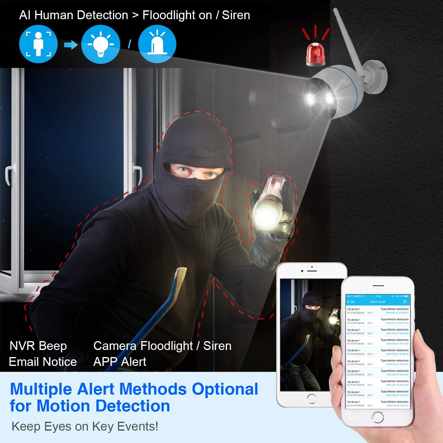 Cromorc All-in-one Wireless Security Camera System with 15.6 IPS Monitor, AI Human Detection, Floodlight,Siren Alarm, 2-Way Audio,4PCS 3MP Camera,Expandable 8CH NVR,Home Business Surveillance,2TB HDD