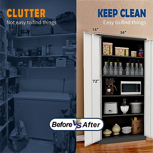 Yizosh Metal Garage Storage Cabinet with 2 Doors and 5 Adjustable Shelves - 71" Steel Lockable File Cabinet,Locking Tool Cabinets for Office,Home,Garage,Gym,School (Gray White)