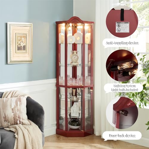 Henf 69.6" Lighted Corner Cabinet, Glass Display Curio Cabinet with Glass Doors, Adjustable Shelves and Mirrored Back Panel,Curved Wood Corner Curio Storage Rack with Bulb Included for Living Room