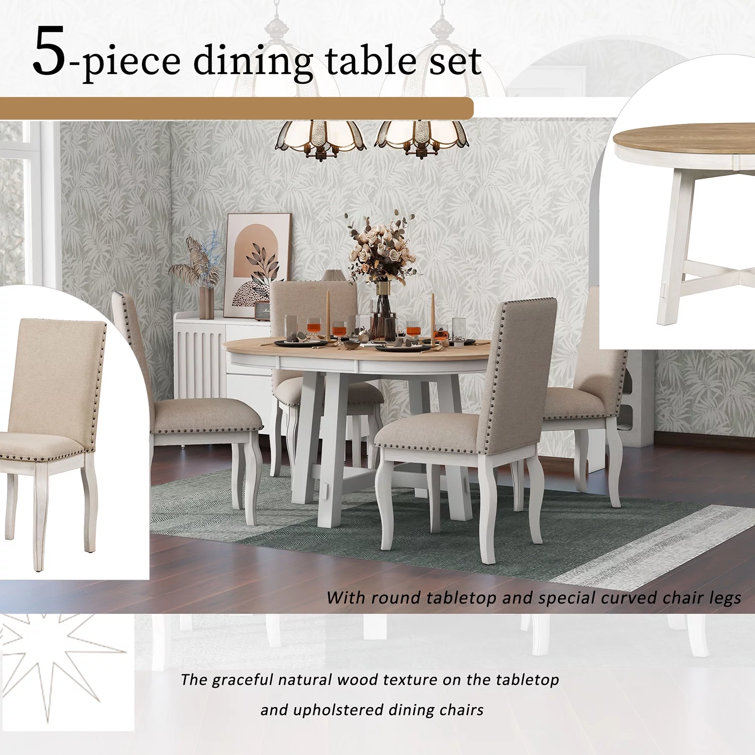 Churanty 5 Piece Farmhouse Dining Table Set Wood Round Extendable Dining Table and 4 Upholstered Dining Chairs,Oak Natural Wood + Antique White