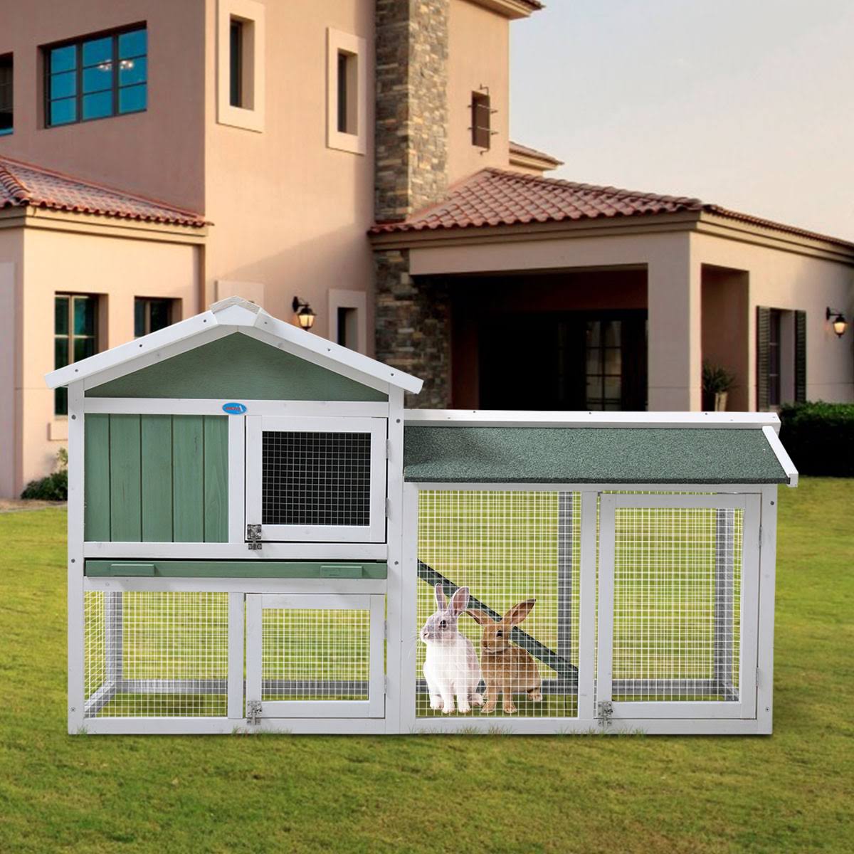coziwow 2 Story Outdoor Wooden Chicken Coop Rabbit Hutch House Small Pet Poultry Cage-Gray u0026 White