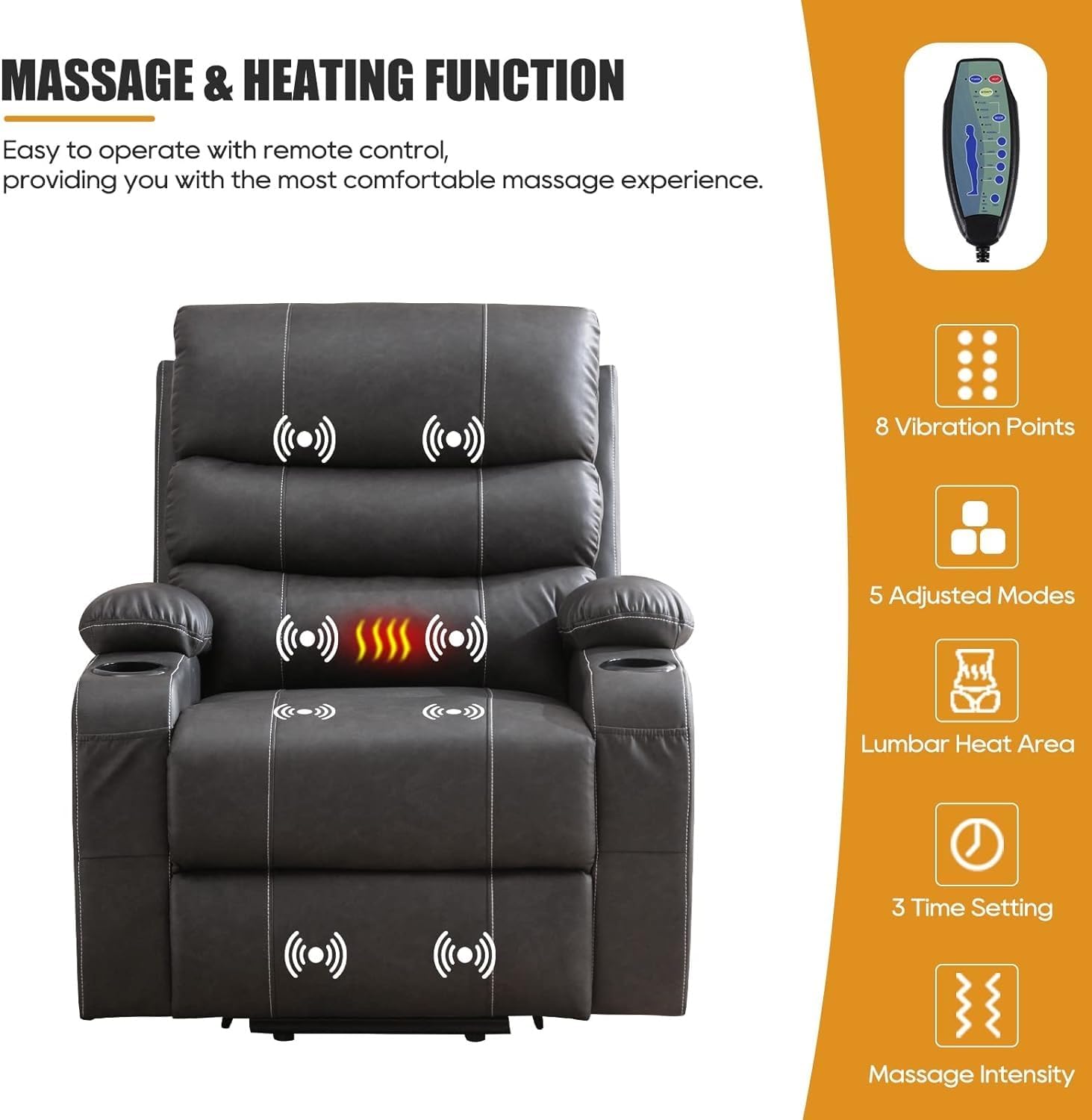 Power Lift Recliner Chair with Heat and Massage for Elderly, Electric Recliner Chairs with Standing Assistance, 2 Cup Holders, 2 Side Pockets, USB Charge Port, Breathable Leather
