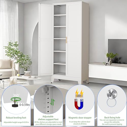75.2”H Pantry Storage Cabinet, Kitchen Storage Cabinets with Adjustable Feet and Shelves, Metal Pantry Cabinet for Kitchen, Living Room, Laundry Room and Dinning Room