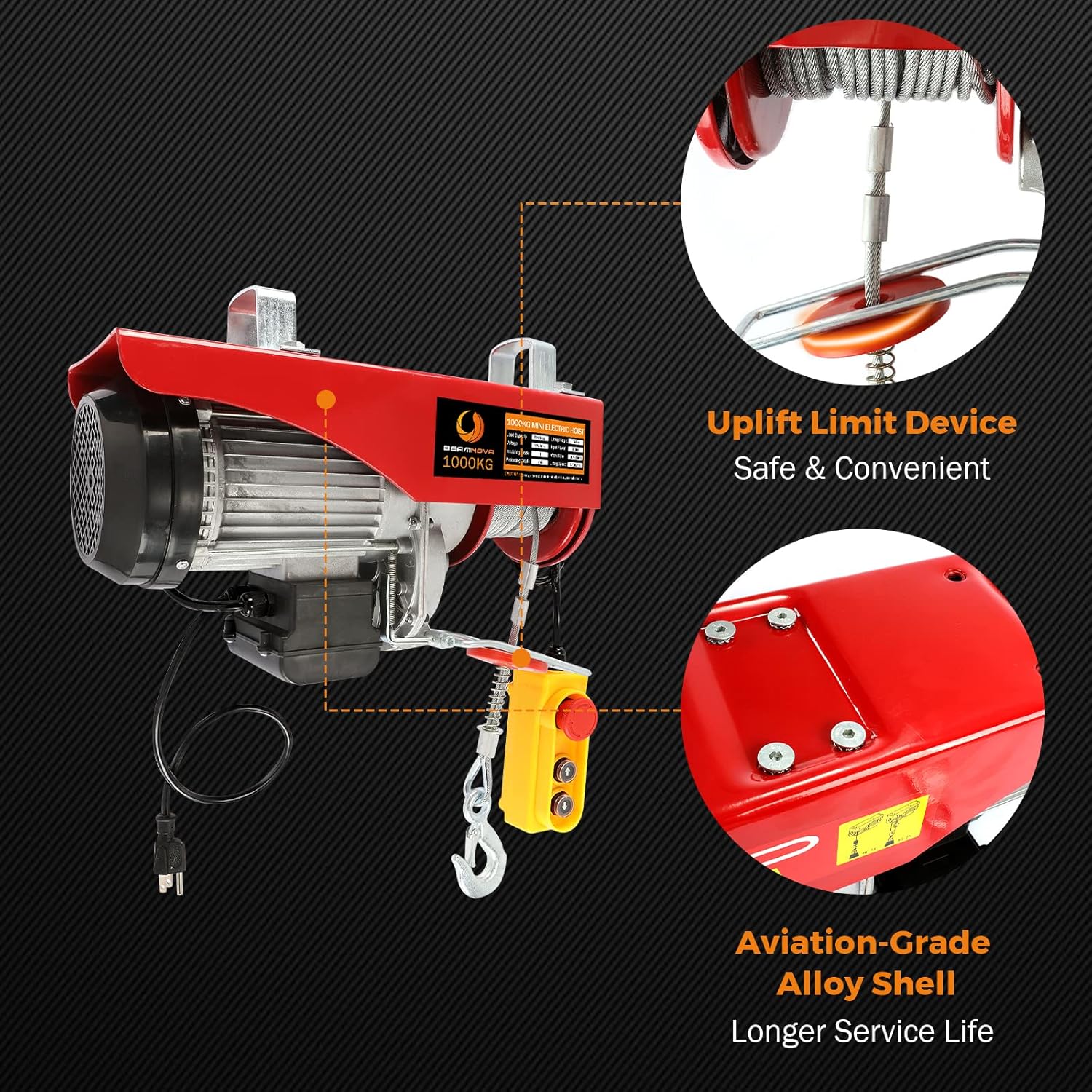 BEAMNOVA 2200lbs + 1500lbs Electric Hoist Winch Overhead Engine Lift 110-120 Volt with Line 4.92 Ft Remote Control Switch Hook Strap Beam Mounting Bracket Gloves Pulley for Garage Storage