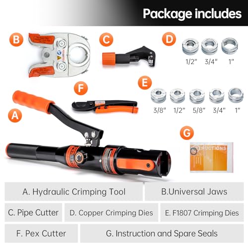 Copper Tube Fittings Hydraulic Copper Pipe Crimping Tool with 1/2 inch,3/4 inch and 1 inch Jaws Copper Pipe Press Crimpers Pressing Pliers,Suit for Narrow Space and Tee Fittings
