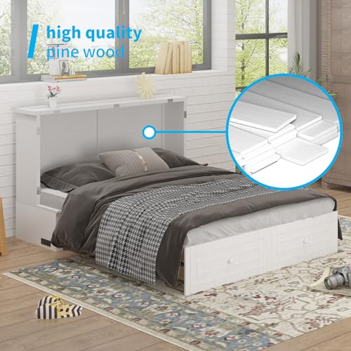 Mjkone Murphy Bed Cabinet, Queen Size Cabinets Bed Chest with USB Charging Station & Tri-Folding Mattress, Wall Beds with Storage Drawers for Guest Bedroom Apartment Office, Easily Convertible, White