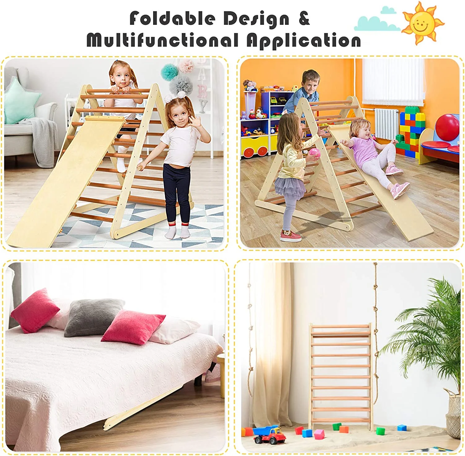 Triangle Climber with Tent, Kids Hideaway Play Tent & Rock Wall Climbing, Waterproof Tent Cover for Indoor Outdoor, Ring Bell, Wooden Climbing Triangle Crawling Tunnel Toy for Toddlers