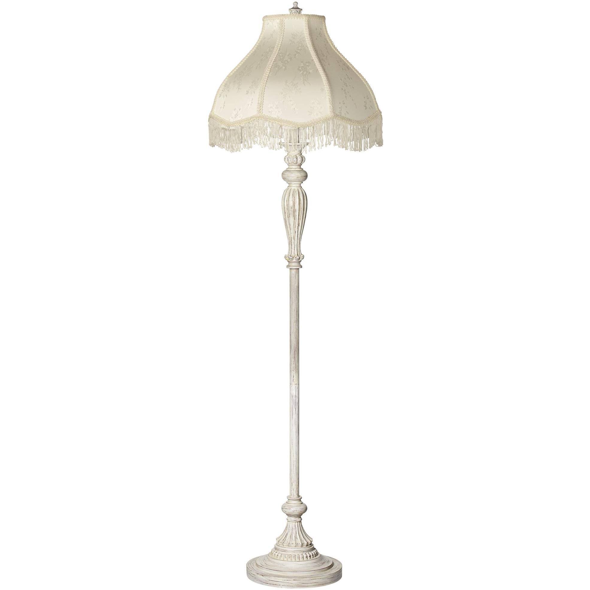 360 Lighting Vintage Chic Floor Lamp Antique White Cream Scallop Fabric Dome Shade with Fringe for Living Room Reading Bedroom