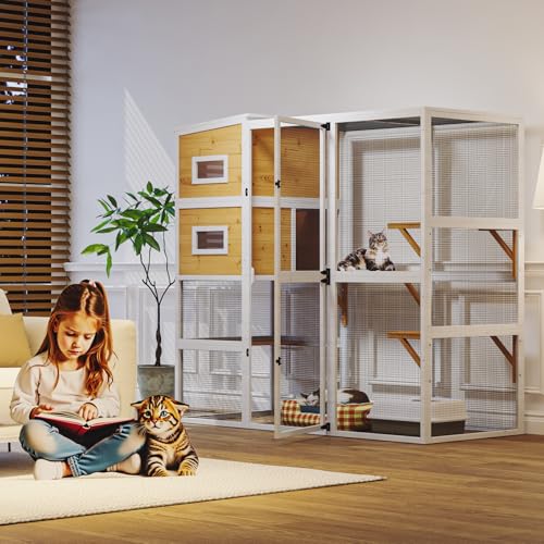 Catio Outdoor Cat Enclosure, Large Cat House for Mulitiple Cats Walk in Cat Cage with Waterproof Cover and Sunshine Panel Roof, Feral Cat Shelter with 7 Platforms and 2 Resting Box, 72 inch