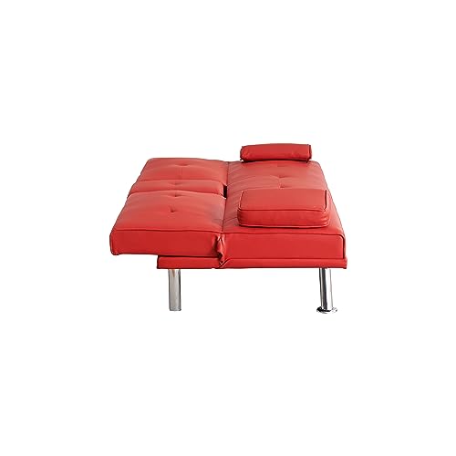 Convertible Folding Futon Sofa Bed - Faux Leather Upholstered Loveseat with Removable Armrests, Metal Legs, Cup Holders - Ideal for Living Room,Red