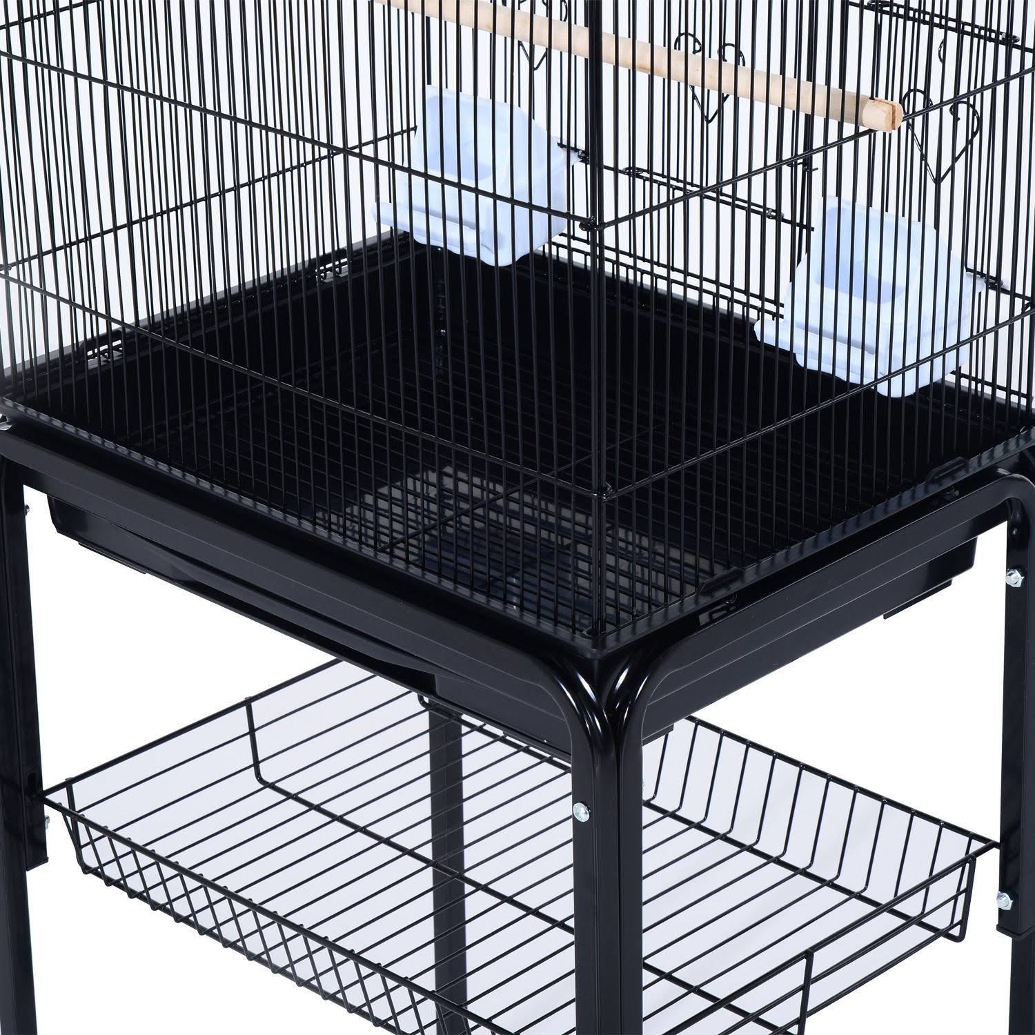 PawHut 63x22 Metal Indoor Bird Cage Starter Kit with Detachable Rolling Stand, Storage Basket, and Accessories - Black
