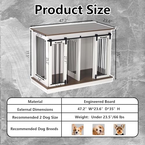 Dog Crate Furniture with Divider, Dog Crate for Small to Large Dogs, Dog Kennel Furniture with Double Doors, 47.2" W x 23.6" D x 35" H, White