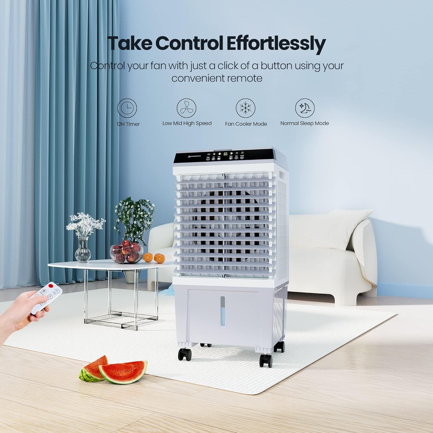1800CFM Evaporative Air Cooler, Portable Swamp Cooler with Remote Control, 12H Timer, 120°Swing,4 Ice Boxes, 5.3 Gal Water Tank, 2 Modes,3 Speeds for Indoor Room Use(31")