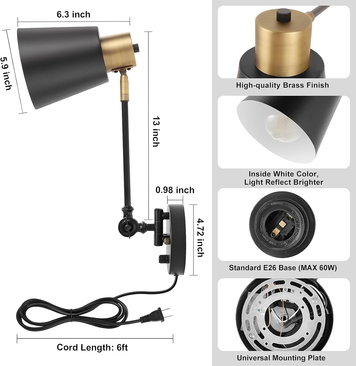 Dimmable Wall Lamp with Plug in Cord, ENCOMLI Plug in Wall Sconces, Swing Arm Sconces Wall Lighting with On Off Switch, Metal Black Brass Industrial Wall Sconce Plug in Wall Light, E26 Base
