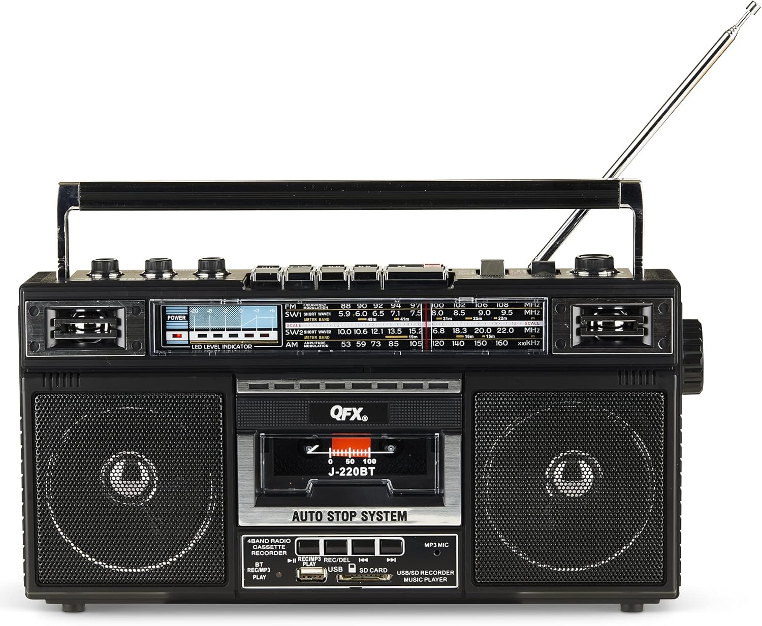 QFX J-220BT ReRun X Cassette Player/Recorder Boombox 4-Band (AM, FM, SW1, SW2) Bluetooth Portable Recording Boombox with Dual 3” Speakers, Built-in Microphone, 3-Band Equalizer Pack of 2