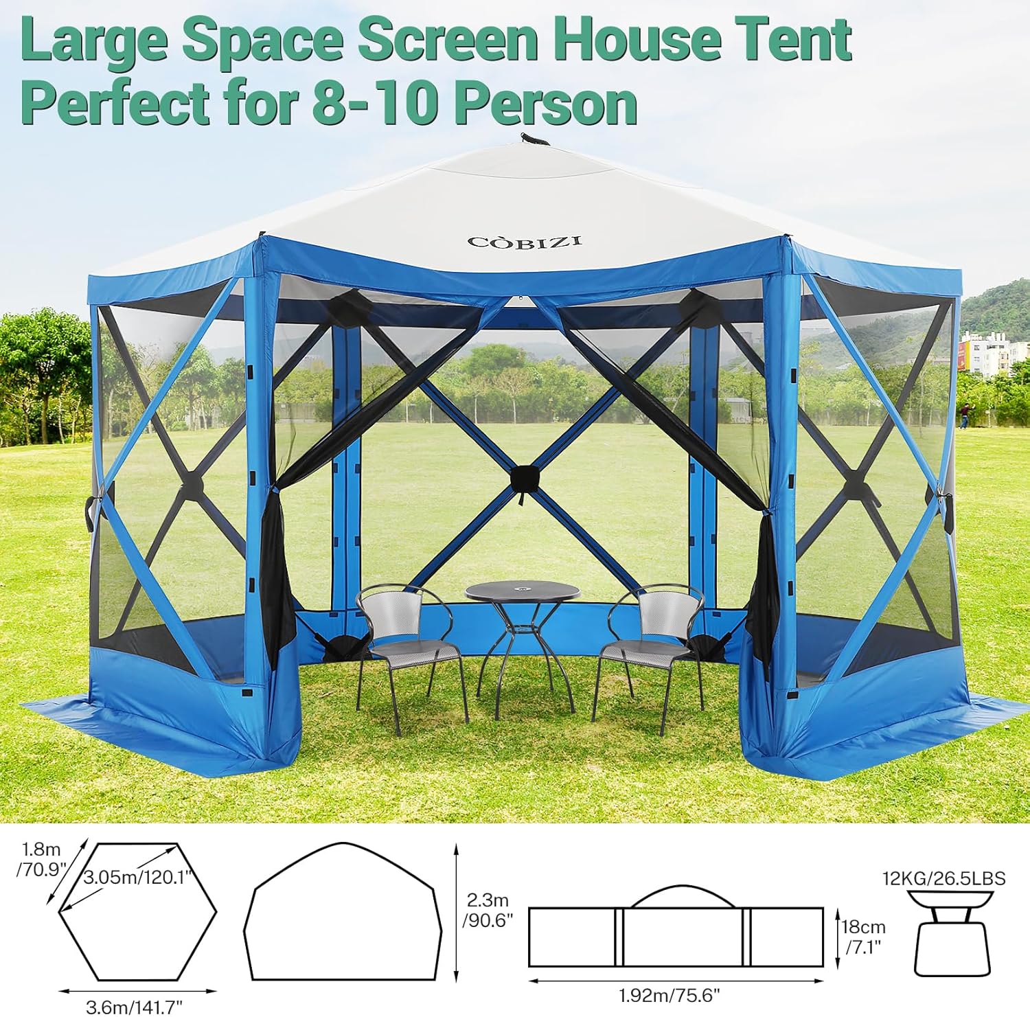 COBIZI 12x12ft Pop up Gazebo Screen House Tent with Mosquito Netting, 6 Sided Pop-up Canopy Shelter Tent Easy-Set portable gazebo with Carry Bag for Outdoor Camping, Lawn and Backyard, Blue