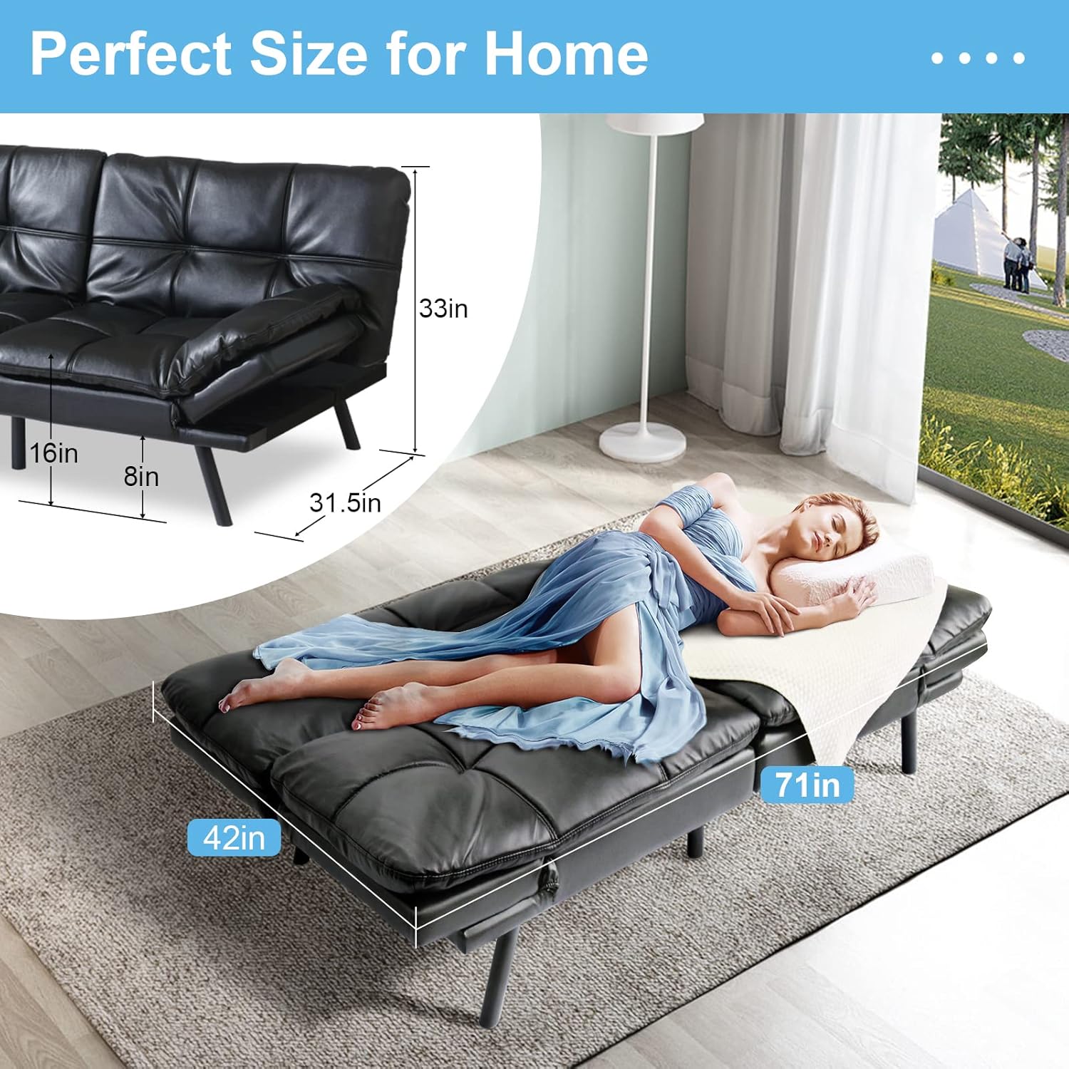MUUEGM Futon Sofa Bed Faux Leather Futon Convertible Sofa Futon Couch Bed,Memory Foam Futon Sleeper Sofa Bed,Modern Loveseat Sofa,Adjustable Armrest&Backrest Futon Sets for Living Room,Offices,Black