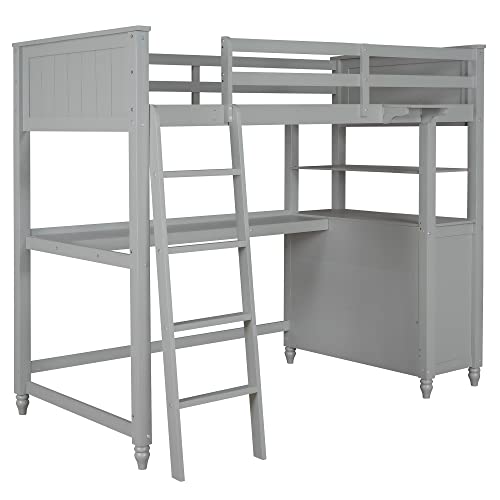 Merax Loft Bed Twin Size with Desk, Wood Frame with Shelves & Drawers, Inclined Ladder Design, White