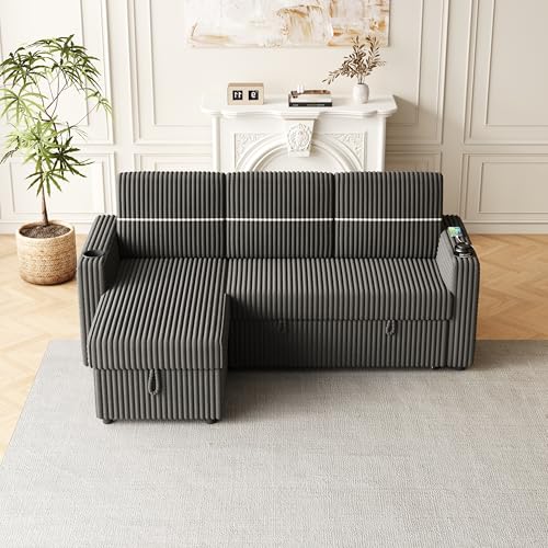 L-Shaped Sleeper Sectional Sofa Bed with Storage Chaise, Convertible Sleeper Sofa Pull Out Couch Bed, Corduroy Upholstered 3 Seater Corner Sofa with Cup-holder, USB Charge Port, Brown