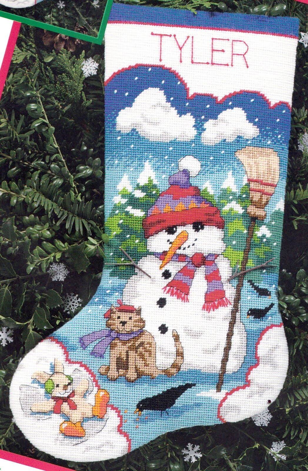 Dimensions Snowman u0026 Friends Cat, Bunny Christmas Needlepoint Stocking Kit 9099