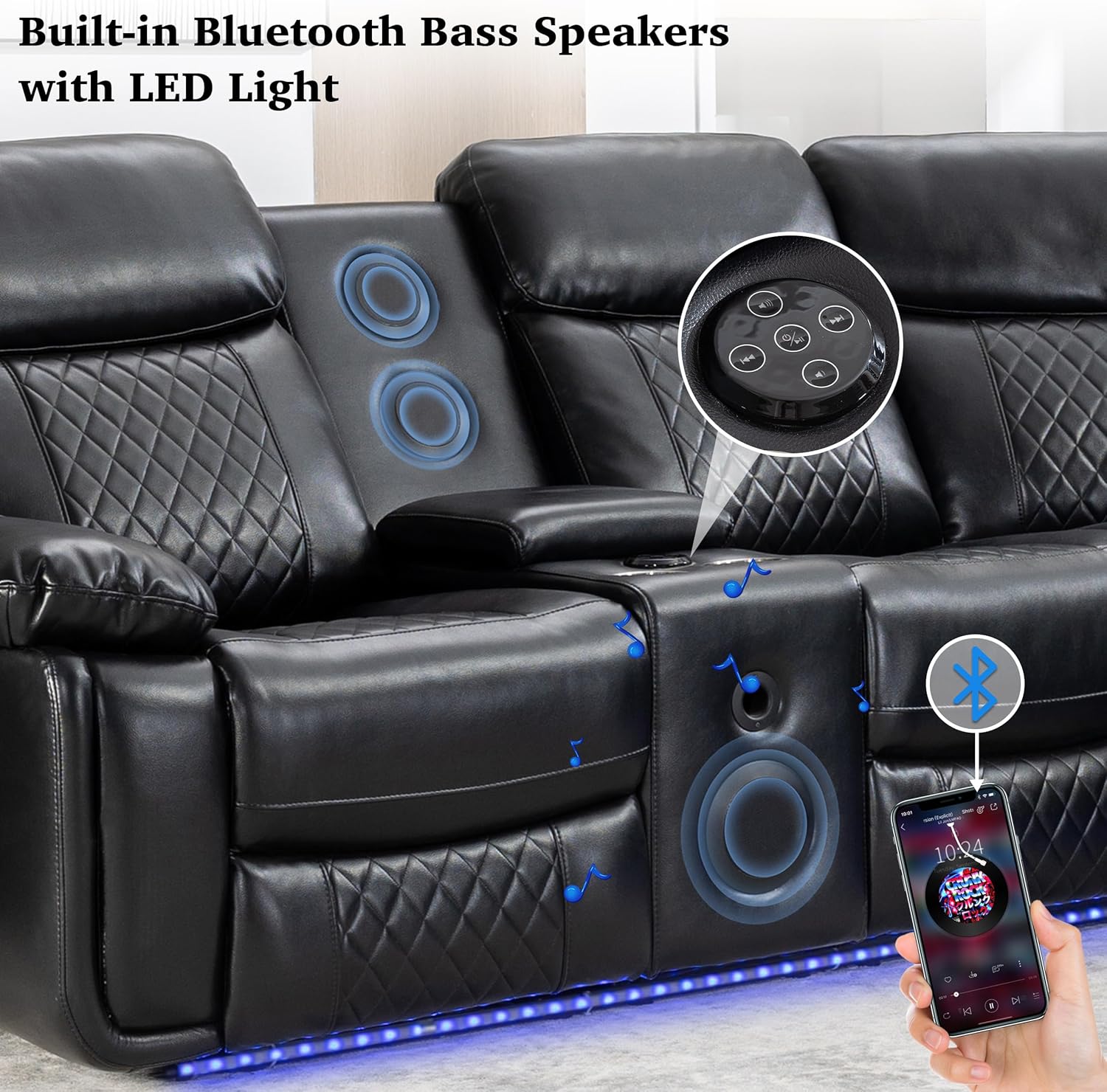 Power Reclining Sectional with Bass Speaker LED Light Recliner Faux Leather Reclining Sectional Couch Sofa Electric L-Shape Sectional Recliner USB Port,Cup Holder,Storage Console for Living Room Black