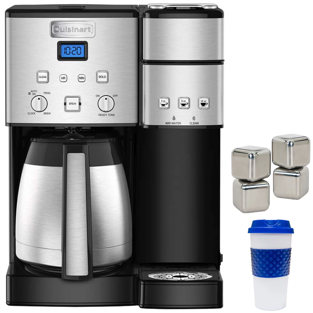 Cuisinart SS-20 Coffee Center 10-Cup Thermal Single-Serve Brewer Coffeemaker, Silver Bundle with Deco Essentials Stainless Steel Ice Cubes and Deco Chef Reusable 16-Ounce To Go Travel Mug