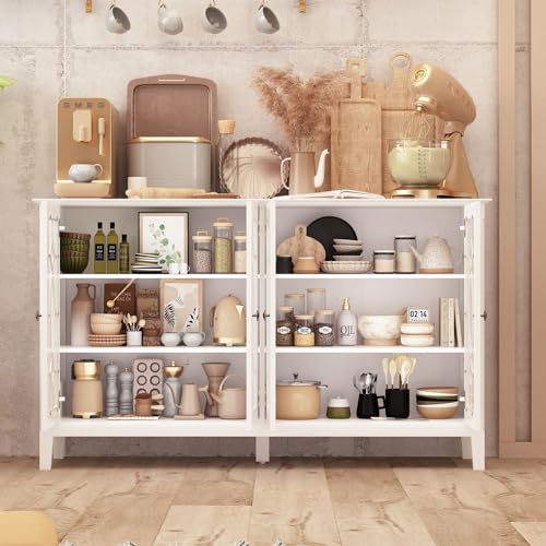 MOUMON Sideboard Storage Cabinet with Glass Doors and Adjustable Shelves, Credenza Sideboard Buffet with Wooden Legs, Buffet Table for Living Room Kitchen Black (53.9”W x 15.7”D x 31.8”H)