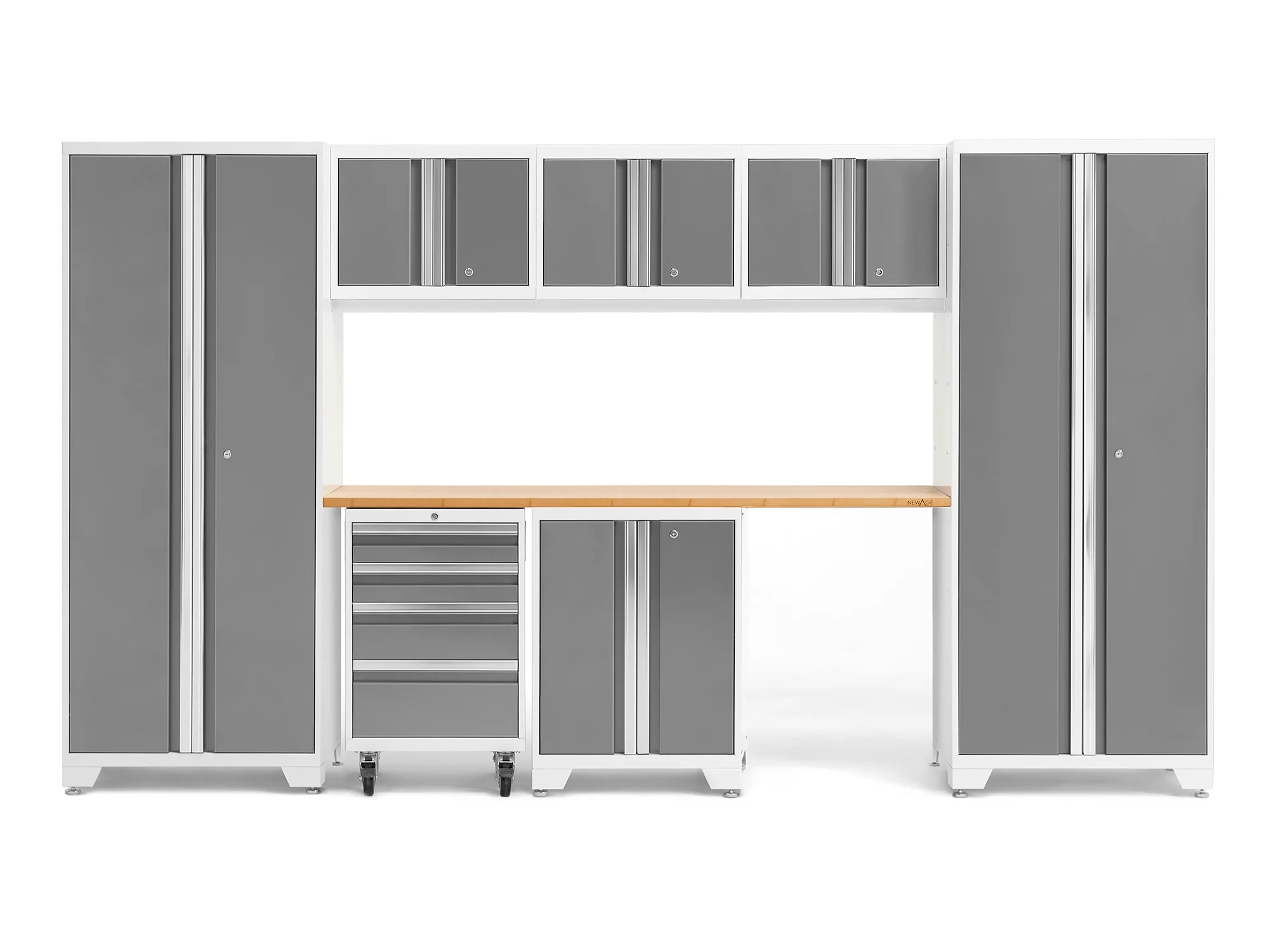 NewAge Products Bold Series Platinum 8 Piece Cabinet Set, Heavy Duty 24-Gauge Steel Garage Storage System, LED Lights Included