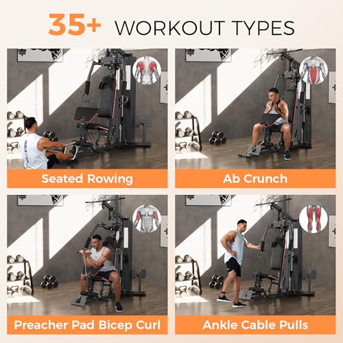 Multifunctional Home Gym Equipment, Workout Station with 150LBS Weight Stack, Full Body Workout Equipment with Pulley System, All in One Workout Machine with Leg Press