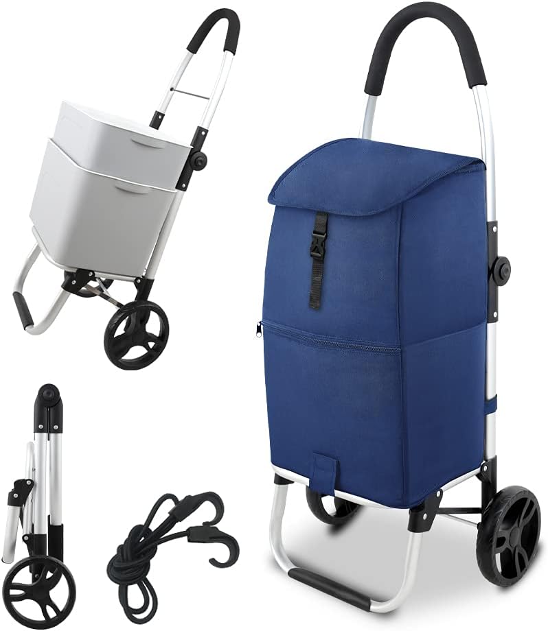 TICCI Black Shopping Grocery Foldable Cart, Big Capacity Grocery Foldable Cart with Extra Large Shopping Bag Laundry Utility Cart (2 Wheels)