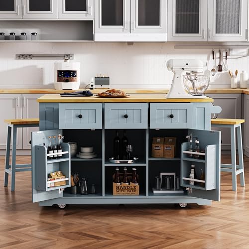 53" Rolling Large Kitchen Island Set with Power Outlet,Mobile Carts with Storage Cabinet,Extra Drop Leaf,3 Drawers and 5 Open Side Racks,Wood Table for Dining Room (Island & Stools)