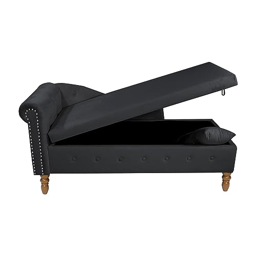 Chaise Lounge Indoor,Velvet Lounge Chair for Bedroom with Storage & Pillow,Modern Upholstered Rolled Arm Chase Lounge for Sleeping with Nailhead Trim for Living Room Bedroom Office (Black)