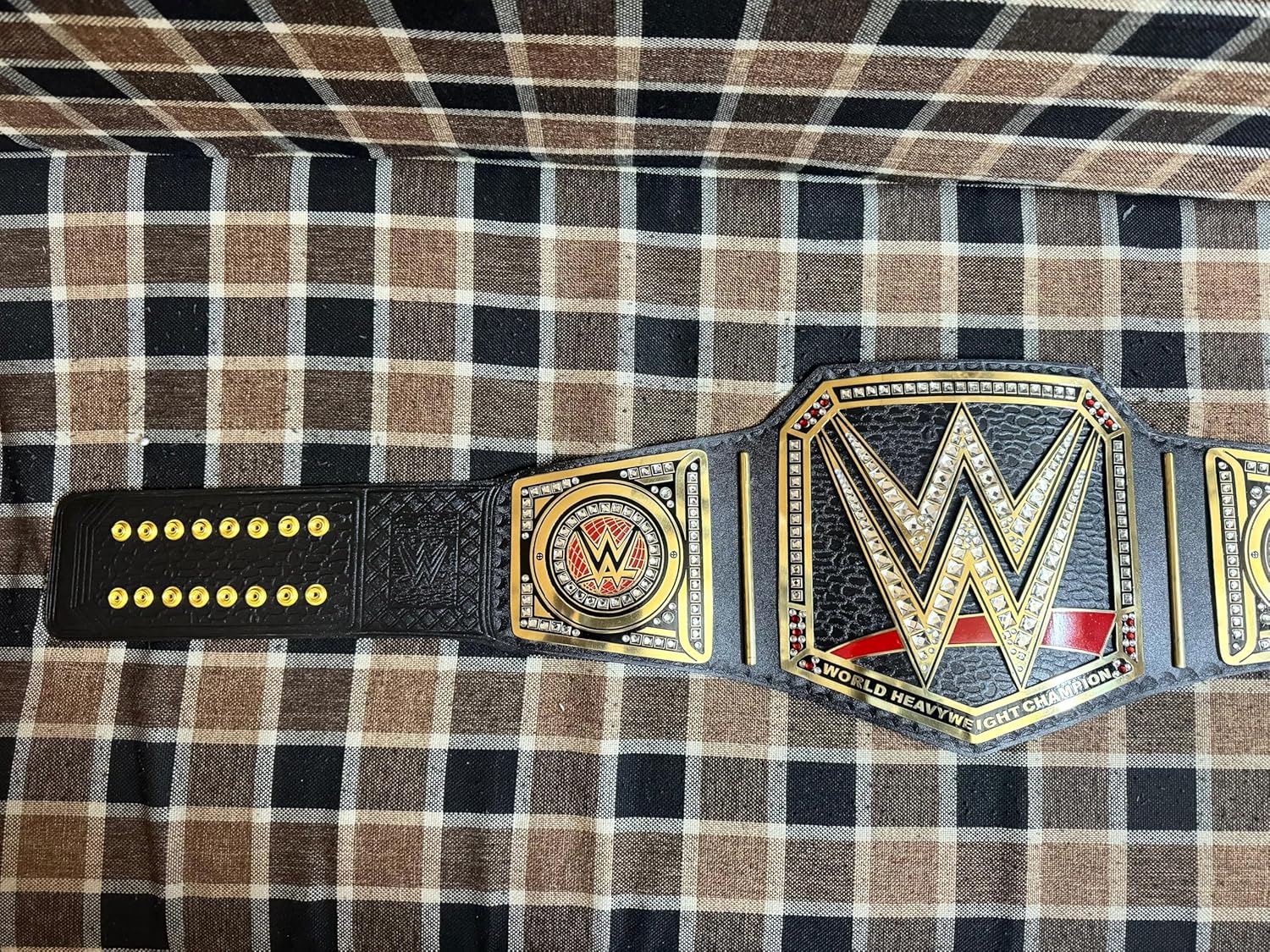 World Heavyweight Championship Replica Wrestling Title Belt Adult Size - Gold Coated Metal Plate Leather Strap, Black