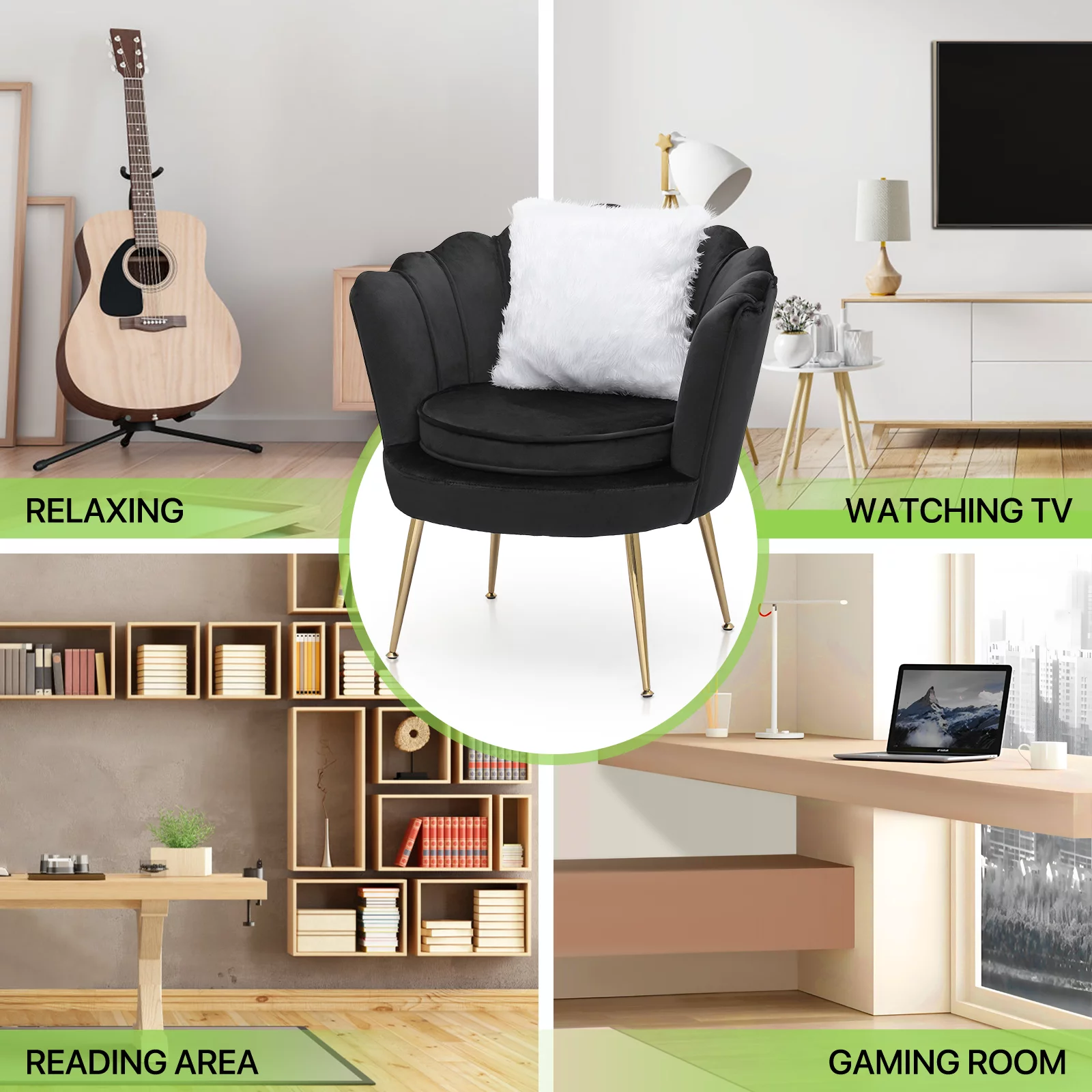 Magshion [CHAIR+PILLOW+FOOTSTOOL SET] Home Tufted Velvet Solo Sofa Ottoman Set with Cushion, Livingroom Accent Chair with Footrest Stool, Black
