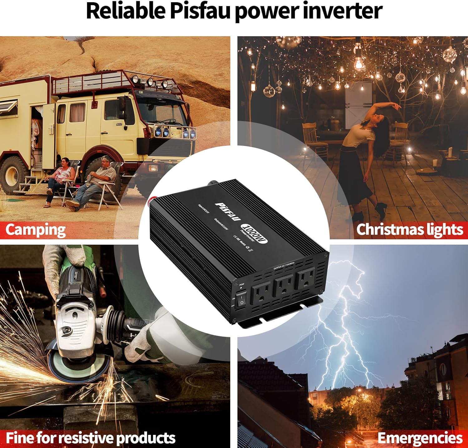 1000W Power Inverter 12V DC to 110V AC Converter with 3 AC Socketsm, Recommended for Camping Outdoor, Truck, Off-Grid Solar Power Inverter 12V to 110V AC Port Battery Inverter