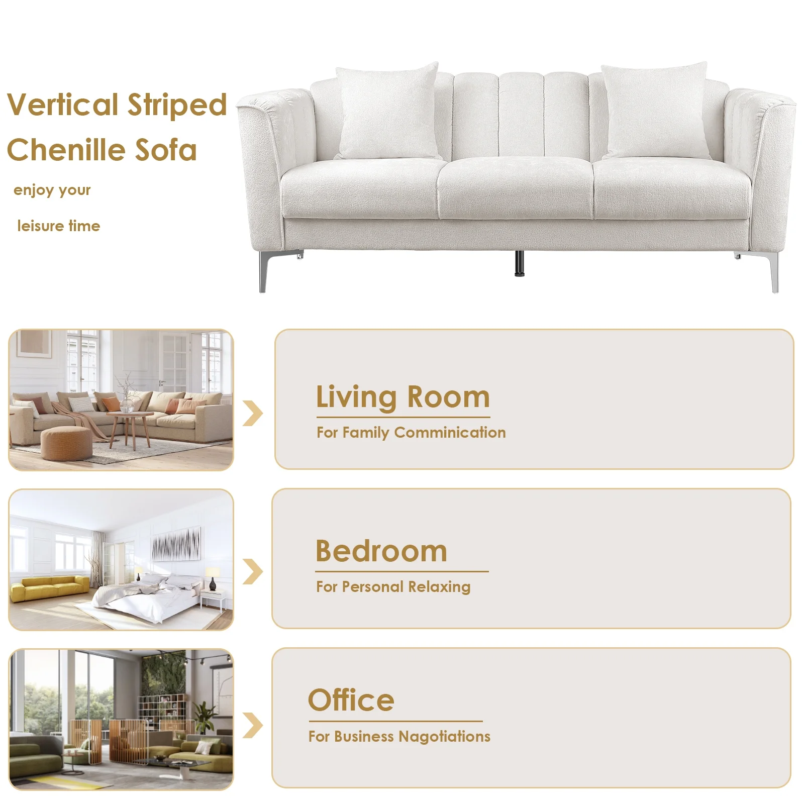 Homfa White Sofa and Couch, 77.2" Modern Chenille Couch with Armrests, Wood Sofa with Pocket and Stainless Steel Legs