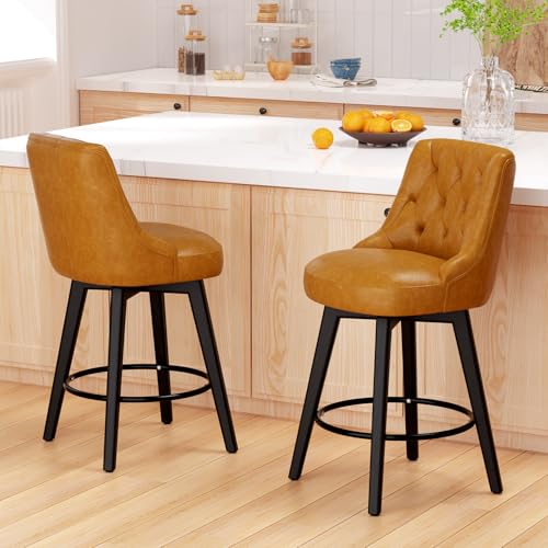 Sunny Heart Swivel Bar Stools with Backs,30" H Counter Stools Set of 2,Counter Height Bar Stools, Upholstered Kitchen Barstools with Solid Wood Legs,Beige