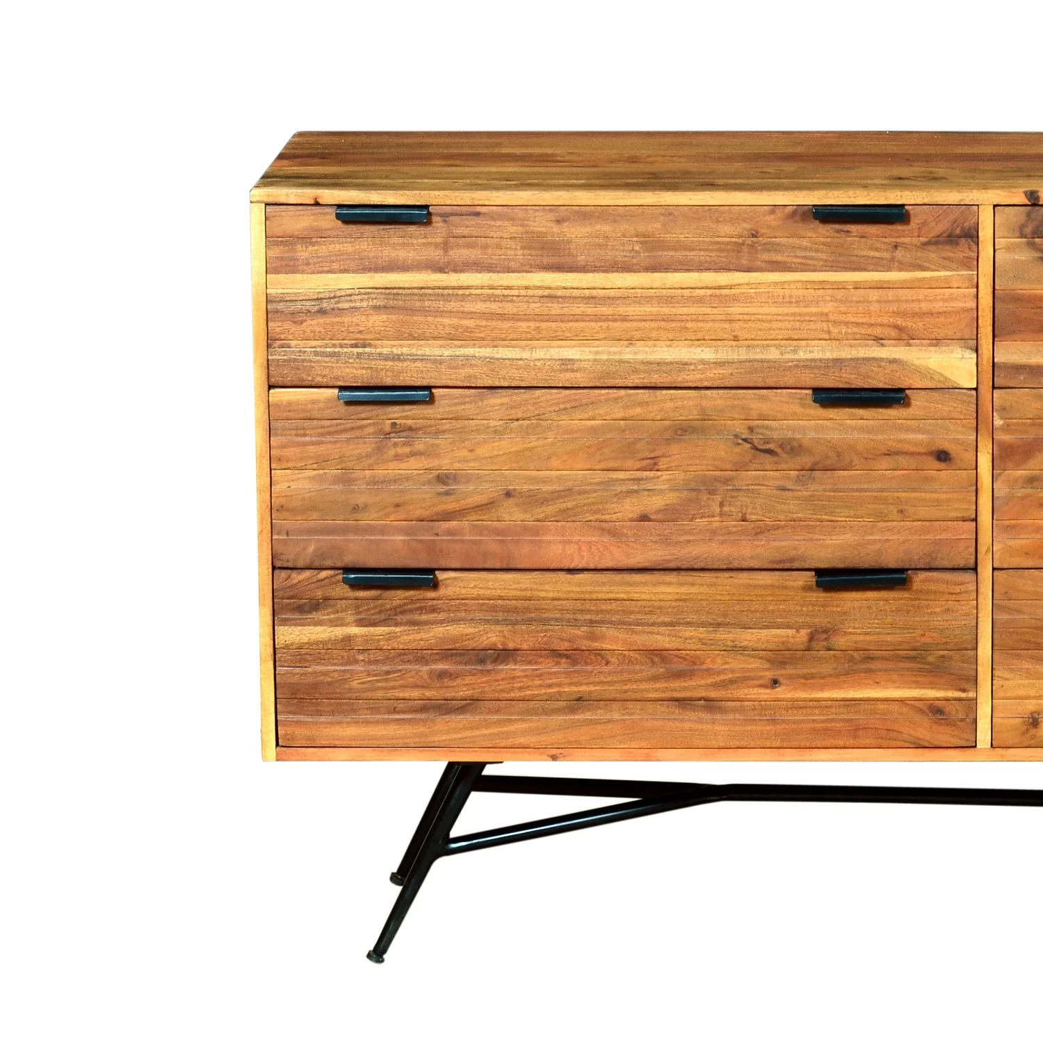 The Urban Port 58 Inch Acacia Wood Sideboard with 6 Drawers and Iron Base, Brown