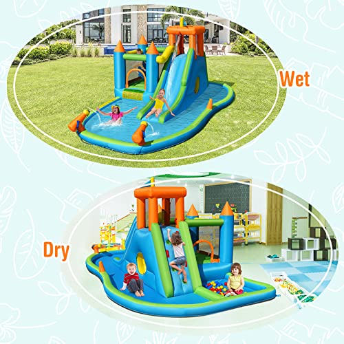 HONEY JOY Inflatable Water Slide, 19x17FT Large Water Park w/Dual Long Slides & Climbing Walls, 2 Soccer Gates & Canons, Giant Splash Pool, Blow up Water Slides Inflatables for Big Kids, 950w Blower