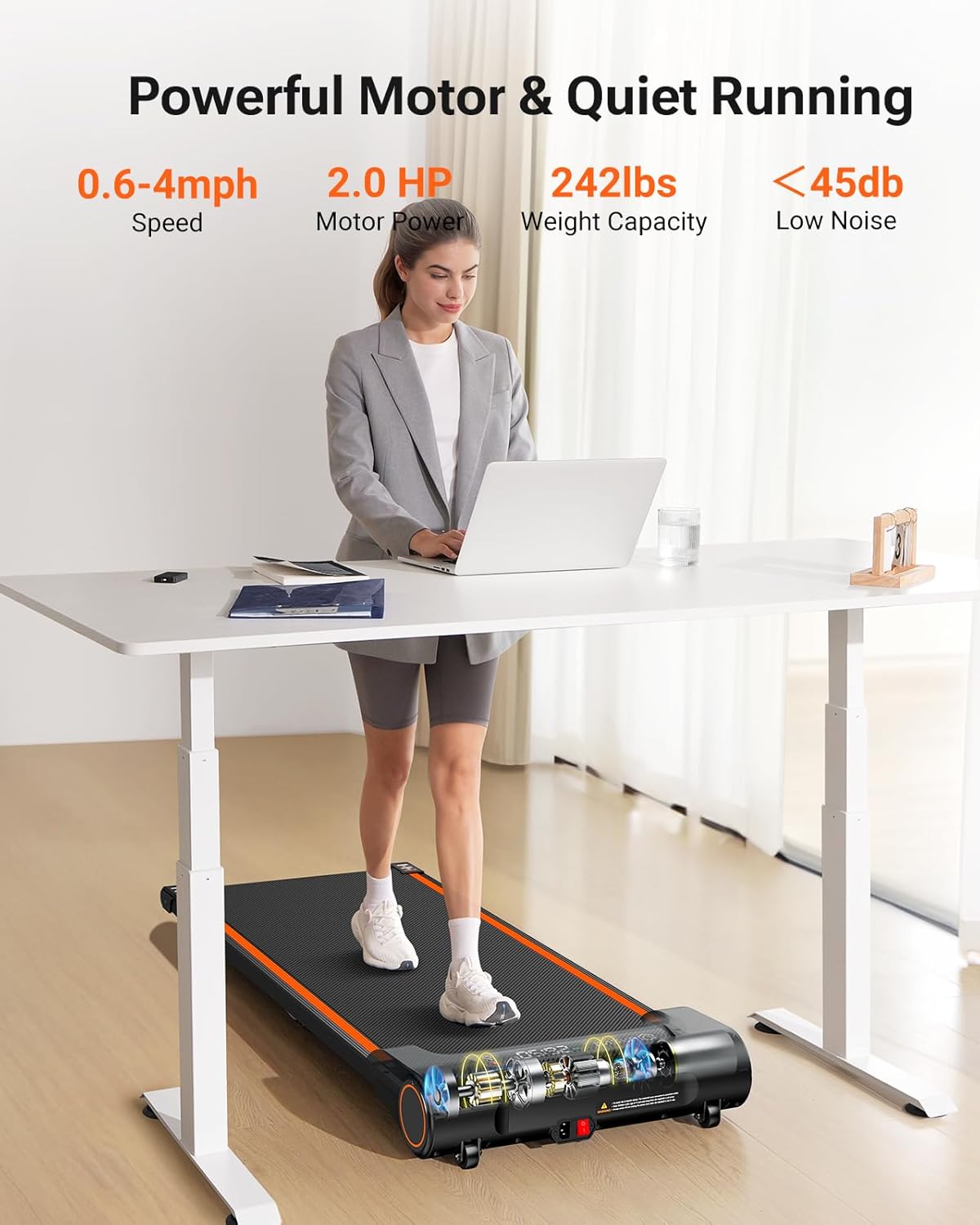 UREVO Under Desk Treadmill, Walking Pad for Home Office, Portable Walking Treadmill 2.25HP, Walking Jogging, Orange