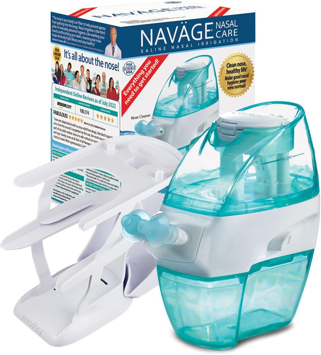 Navage Essentials Bundle - Navage Nasal Irrigation System - Saline Nasal Rinse Kit with 1 Navage Nose Cleaner, 30 SaltPods, Countertop Caddy and Black Travel Case