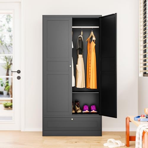 Metal Wardrobe Cabinet,Armoire Wardrobe Closet with doors,White Metal Clothing Storage Cabinet with Adjustable Shelves and Hanging Rod,72" Wardrobe Storage Cabinet for Home,Bedroom Armoires,Laundry